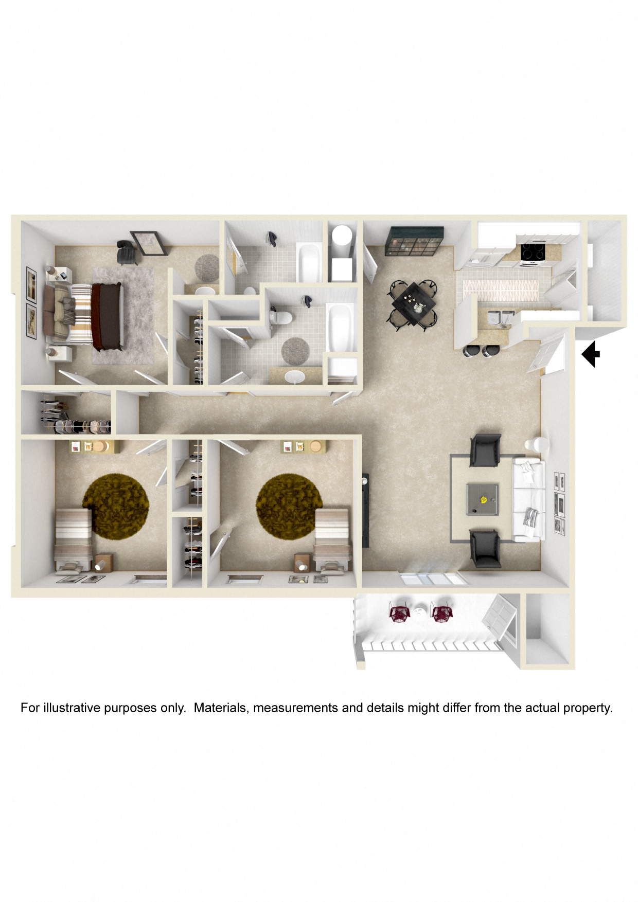 Floor plan for 3 beds, 2 baths, 1245 sqft